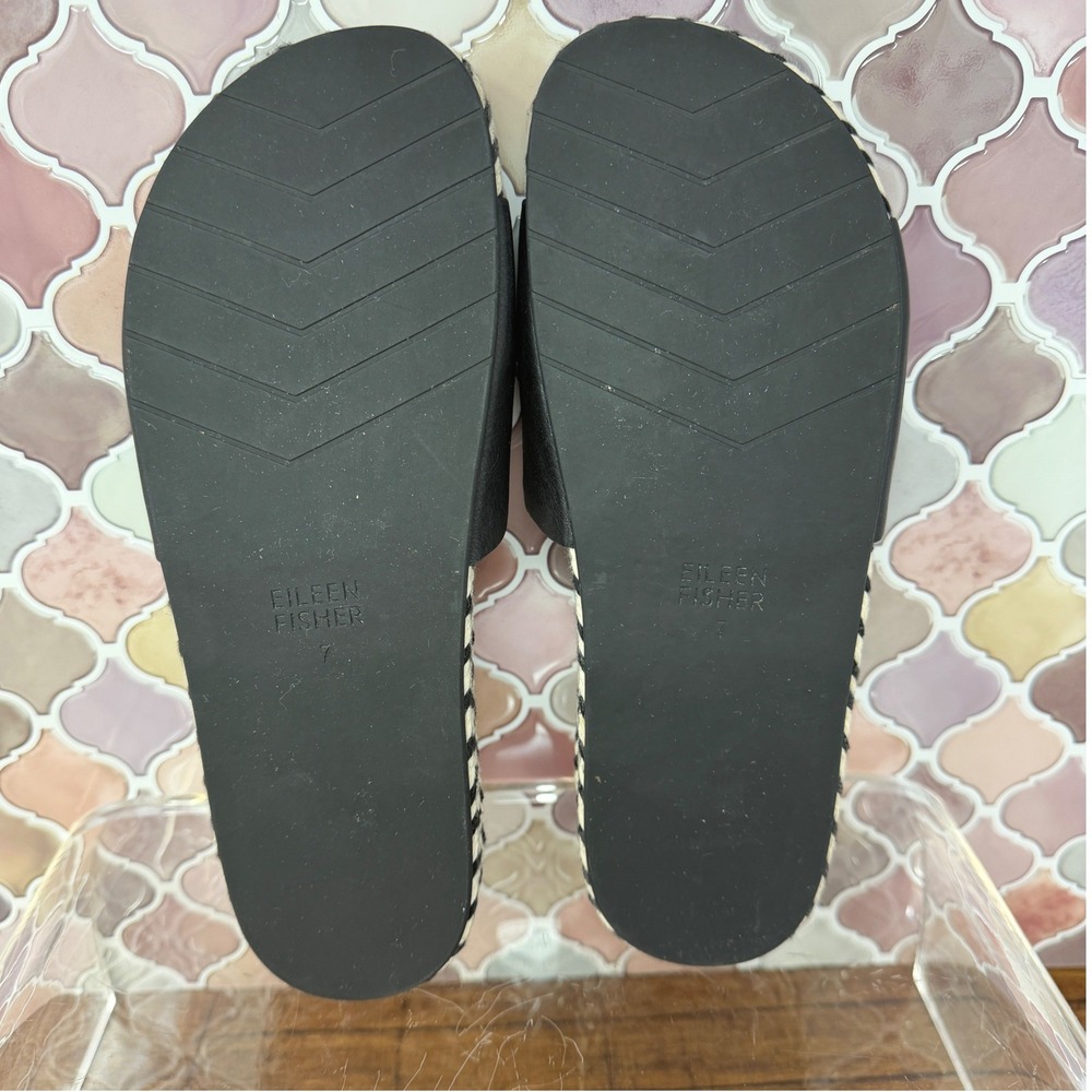 Eileen Fisher Pear Black Leather Chevron Woven Espadrille Slide Sandals 7 - Picture 10 of 15